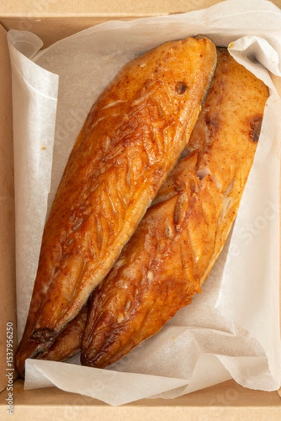Obraz Honey glazed smoked mackerel fillets in a brown cardboard box lined with greaseproof paper. Recycle biodegradable eco friendly retail packaging.