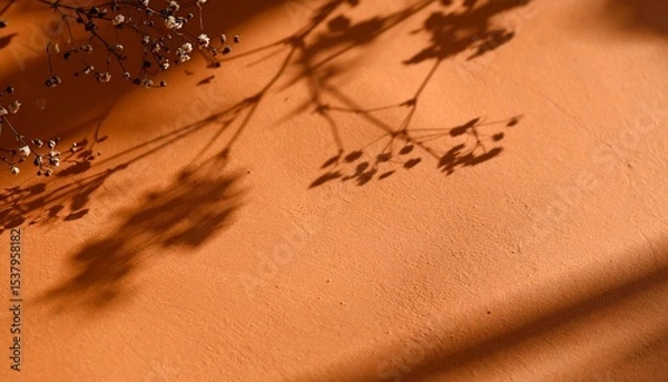 Obraz Delicate Shadows of Dried Flowers Cast on a Warm Terracotta Surface During Afternoon Sunlight