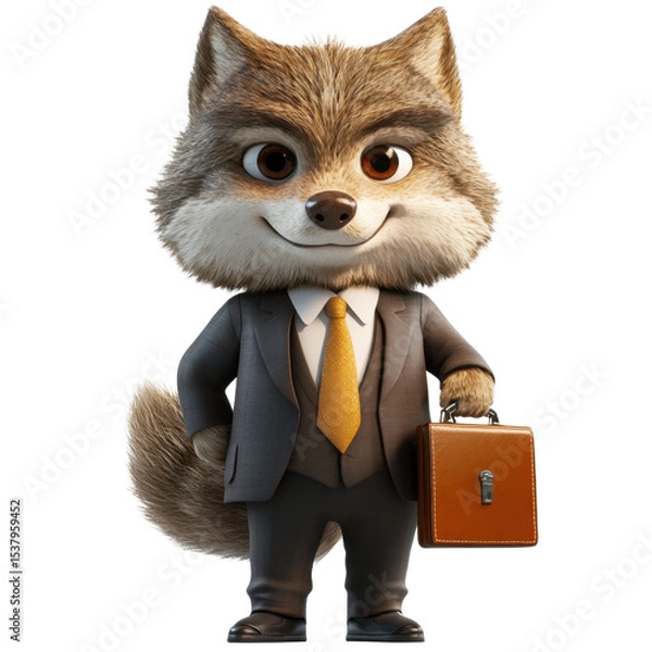Obraz Charming cartoon wolf character in a business suit holding a briefcase