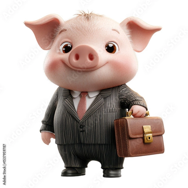 Obraz Cute cartoon pig in a business suit holding a briefcase happily