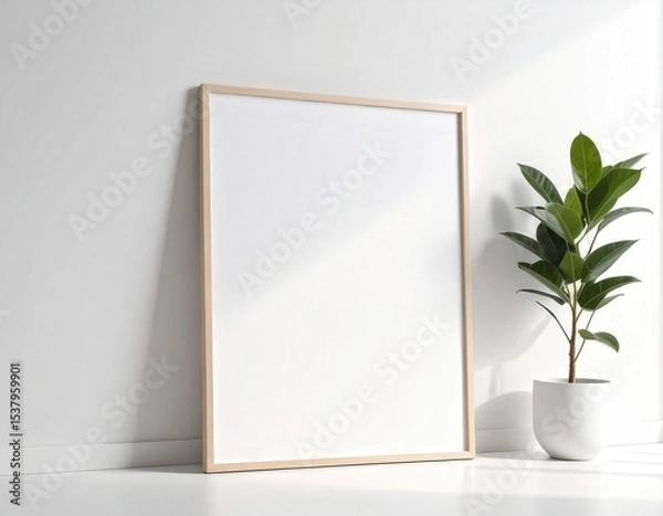 Fototapeta Minimalist Interior with Blank Frame and Ficus Plant in Bright White Room