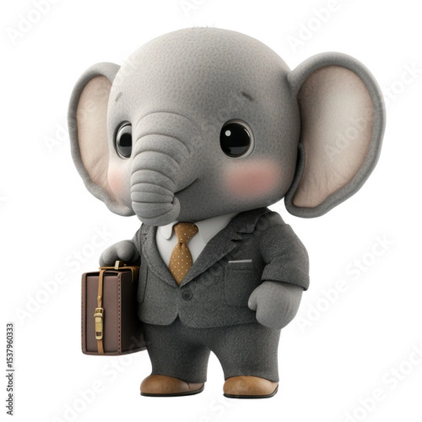 Obraz Cute Cartoon Elephant Character in Business Suit with Briefcase