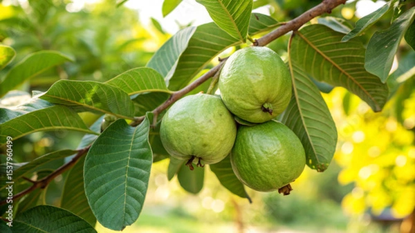 Fototapeta Guava hanging tree in garden, Guava tree in natural warm sunlight background