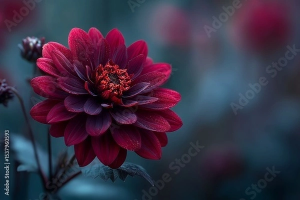 Fototapeta Moody dark red dahlia on a glowing blurred background, dramatic and artistic floral photography