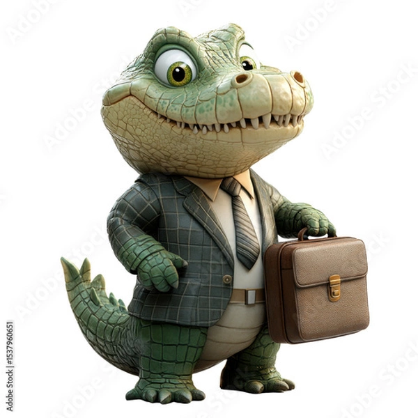 Obraz Cartoon alligator businessman in suit holding briefcase, standing proud