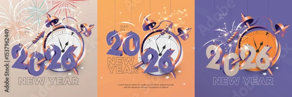 Fototapeta Happy new year 2026 square template with 3D hanging number. Greeting concept for 2026 new year celebration with fireworks