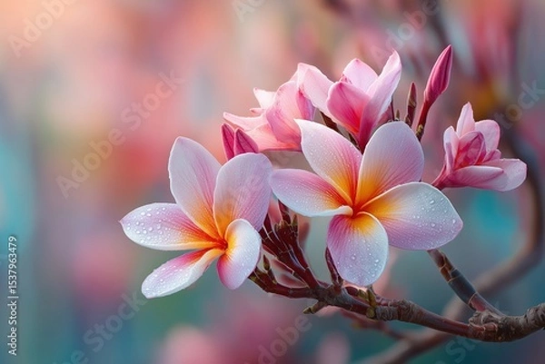 Fototapeta Pink frangipani (plumeria) on a soft peach glowing background, beachy and serene tropical aesthetic
