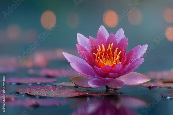 Fototapeta Pink lotus flower floating on a mirror-like water surface with soft bokeh, serene and zen floral photography