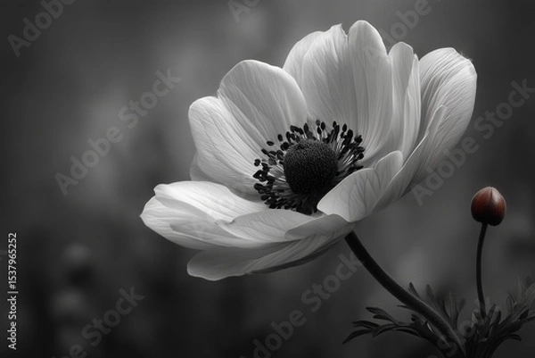 Fototapeta Pure white anemone with a dark center on a glowing soft backdrop, minimalist and striking floral photography