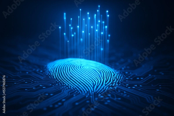 Fototapeta AI generated glowing fingerprint on circuit board with rising light beams representing biometric scanning identity verification and digital security system