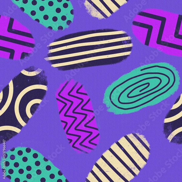 Obraz Brush stroke colorful doodle geometric seamless pattern illustration on a purple canvas texture.