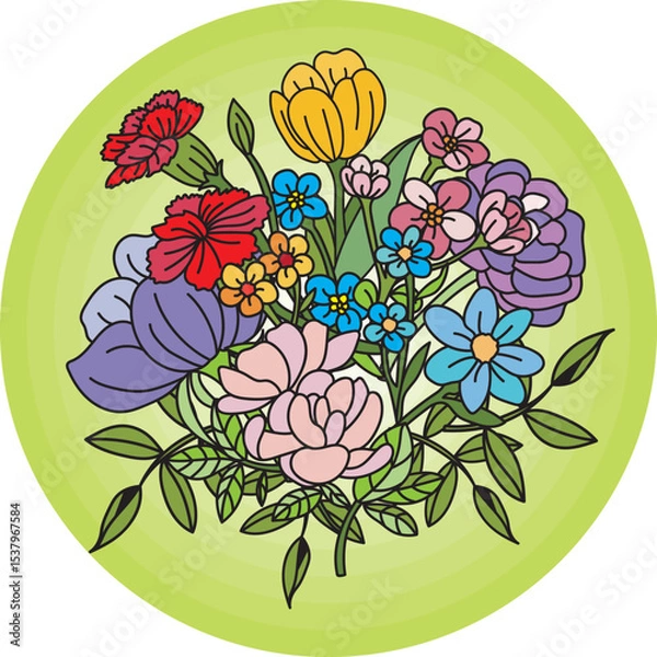 Obraz Abstract bouquet flower with leaf on green circle background.