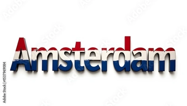 Fototapeta The word 'Amsterdam' designed in a bold font using red, white, and blue colors of the Netherlands flag. Clean layout with minimal background.