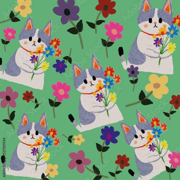 Obraz seamless pattern with cats and flowers