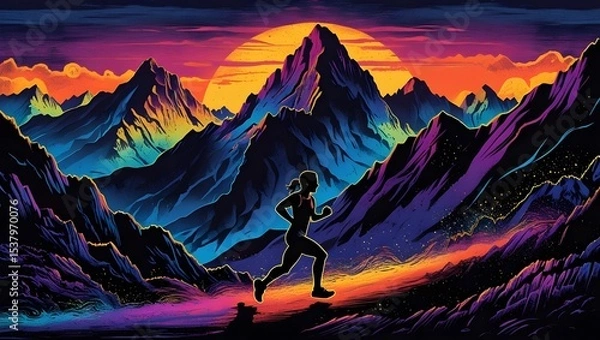 Obraz A lino cut depicting a runner running in the mountains, with a magical mountain scenery. It is an illustrated vector artwork, colorful,