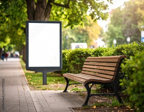 Fototapeta Park Bench and Blank Billboard on a Sunny Day Ready for Advertising