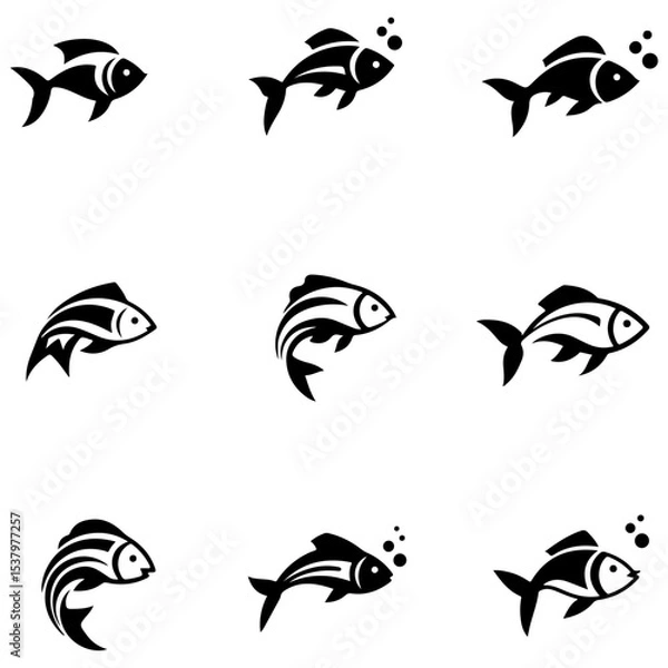 Obraz A vibrant assortment of simple tropical sea fish illustrations presented in a bold, flat color style.