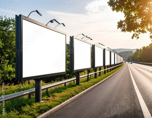 Fototapeta Row of Blank Billboards Along Highway with Sunset and Greenery