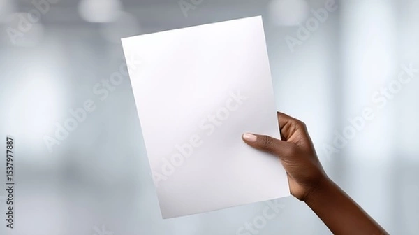 Fototapeta Hand holding blank white sheet of paper in bright, modern setting