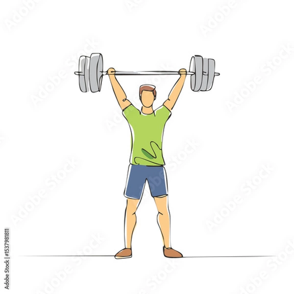 Fototapeta Minimal One Line Art of Man Lifting Weights Over Shoulder – Continuous Line Drawing of Fitness Stretching Exercise Pose, Perfect for Gym and Wellness Concepts

