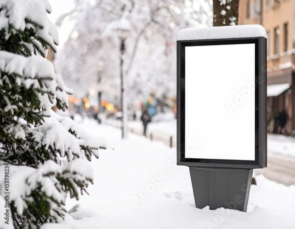 Fototapeta Snowcovered billboard with blank white display on a winter city street