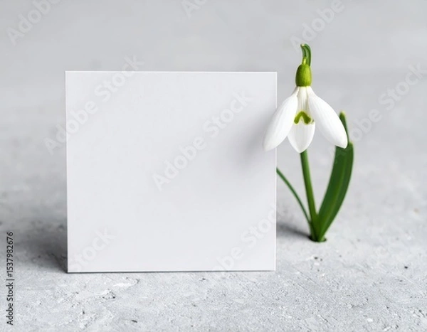 Fototapeta Snowdrop bloom with blank white card on textured gray surface minimalist spring concept