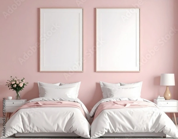 Fototapeta Twin beds with white linens and pink accents against a soft pink wall with two framed posters