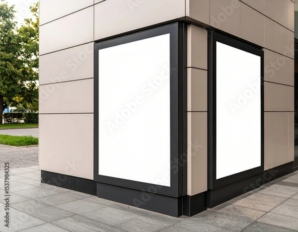 Fototapeta Two Blank Billboard Mockups on a Modern Building Corner with Neutral Tones