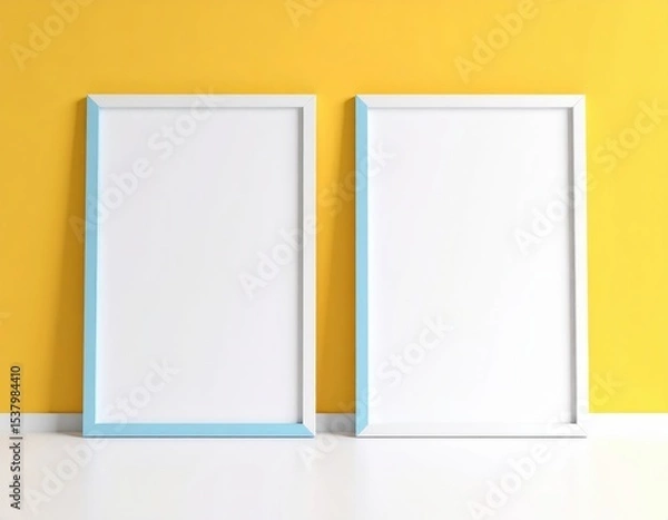 Fototapeta Two Blank Frames Leaning Against a Yellow Wall Ready for Art