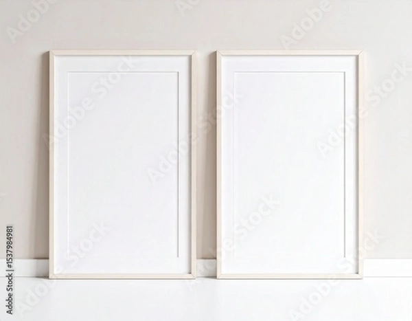 Fototapeta Two vertical frames with white mats leaning against a white wall