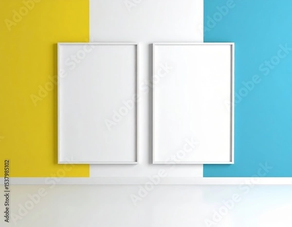 Fototapeta Two White Frames on a Wall with Yellow and Blue Accents Minimalist Design
