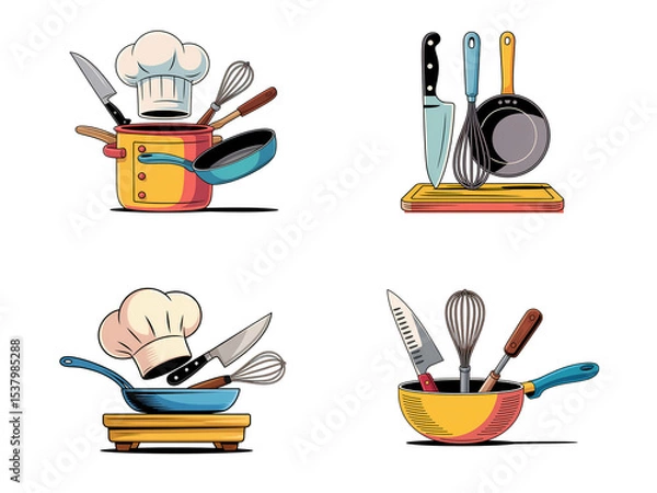 Fototapeta Kitchen Tools and Chef Hat Illustration, Knife, whisk, pan – Colorful Cooking Utensils Vector Set, transparent background, PNG