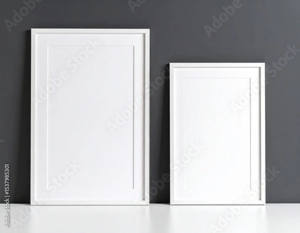 Fototapeta Two White Picture Frames on a White Surface Against a Dark Gray Wall