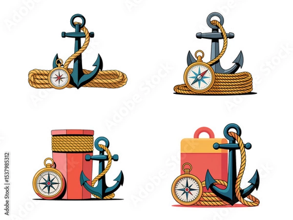 Fototapeta Nautical Anchor, Rope, and Compass Vector Set – Maritime Navigation Icons, PNG