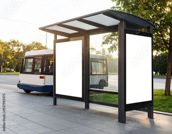 Fototapeta Urban Bus Stop with Blank Advertising Panels and a Parked Bus in the Background