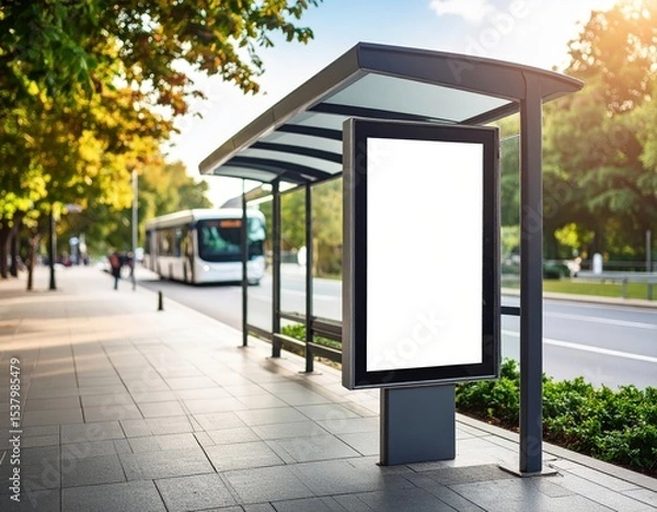 Fototapeta Urban bus stop with blank advertising display on a sunny day in the city
