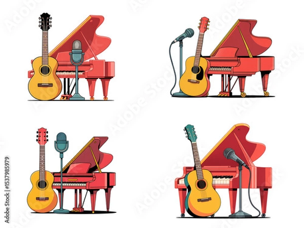 Obraz Musician Equipment Vector – Guitar, Piano, Microphone, and Music Instruments Set