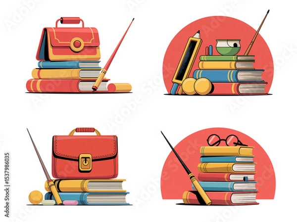 Fototapeta Teacher Equipment Vector – Chalk, Books, Pointer, and Classroom Teaching Tools