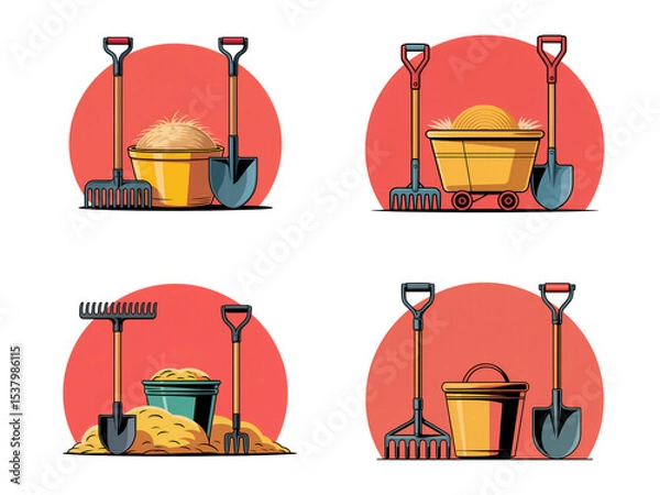 Fototapeta Farmer Equipment Vector – Rake, Shovel, Hoe, and Farming Tools for Agriculture Work