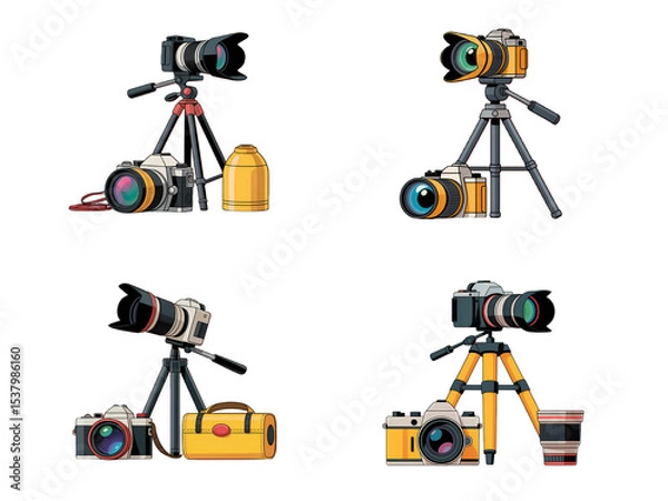 Fototapeta Photographer Equipment Vector – Camera, Lens, Tripod, and Photography Tools Set