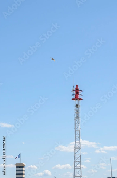 Fototapeta Red lighthouse tower standing tall against a clear blue sky with a seagull flying overhead