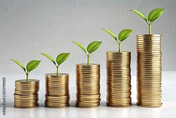 Obraz Green plant growth symbolizes financial success and investment growth from a stack of golden coins
