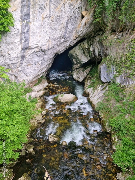 Fototapeta Entrance of the Nalón River to the Devoyu Cave, a natural monument created by the river 200 meters long and inhabited by a large number of bat species. Redes Natural Park, Asturias