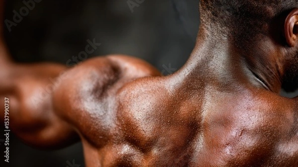Fototapeta Muscular man showcasing strength and definition during an athletic pose in a gym setting