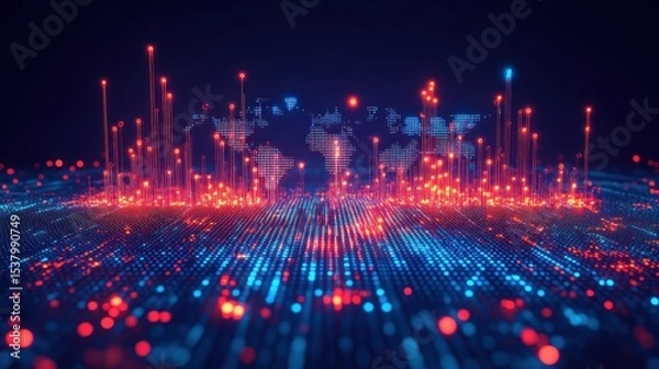 Fototapeta Visualization of digital world map with glowing data points at night
