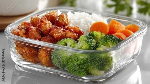 Fototapeta Delicious meal with chicken rice and fresh vegetables in a glass container