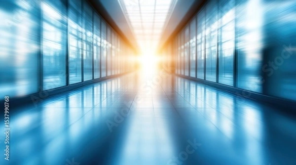 Fototapeta Bright light filtering through a modern hallway with large glass windows at sunrise