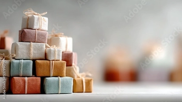 Fototapeta Beautifully wrapped small gifts stacked in a festive arrangement on a blurred background
