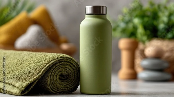 Fototapeta Refreshing green water bottle beside rolled towel in modern home setting