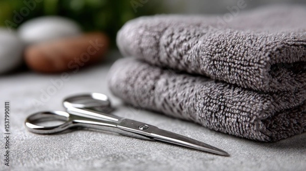 Fototapeta Soft gray towels neatly stacked beside a pair of silver scissors on a stone surface